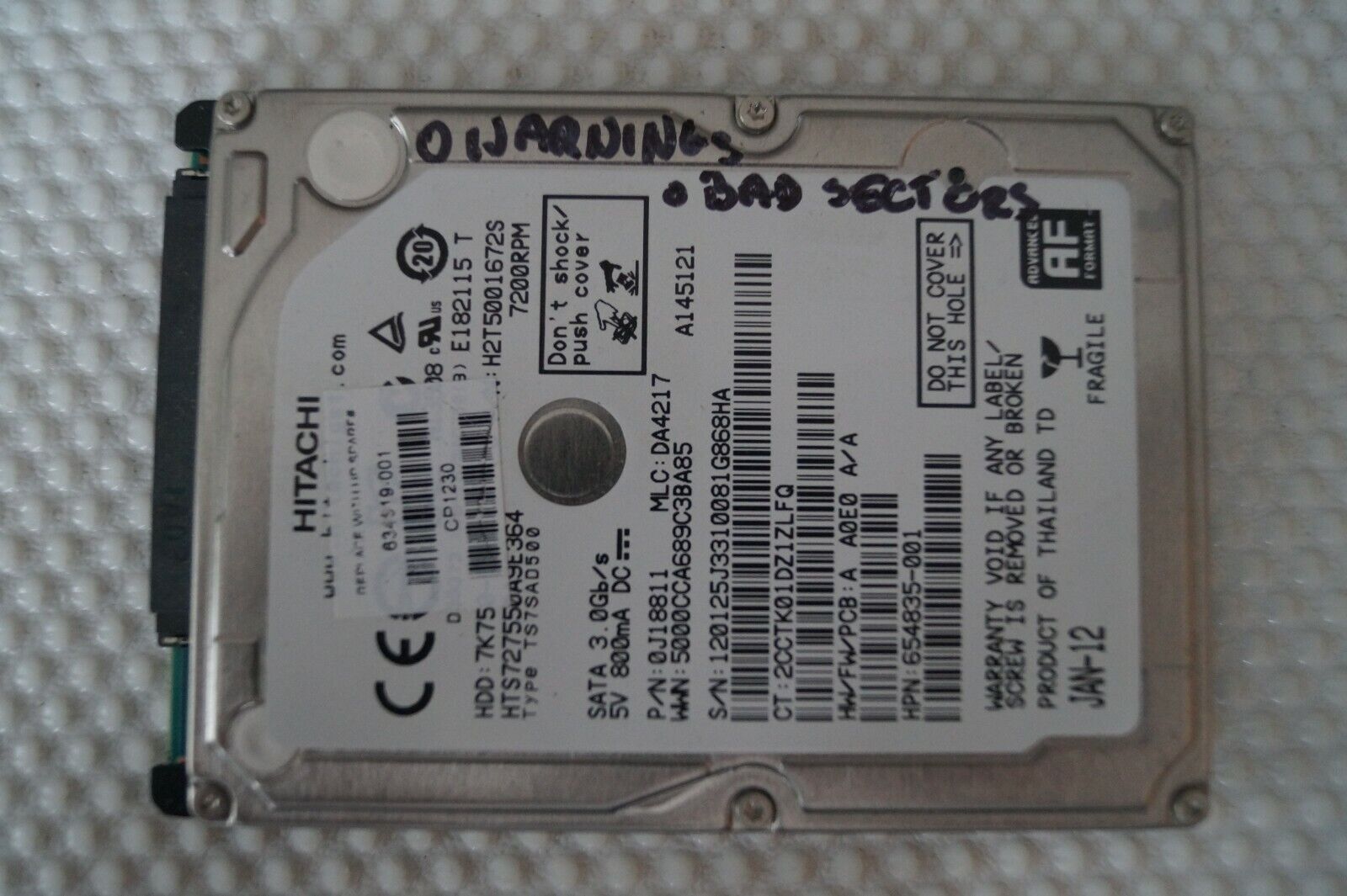 HITACHI 500GB 2.5″ SATA HTS727550A9E364 PN:0J18811 LAPTOP HARD DISC DRIVE