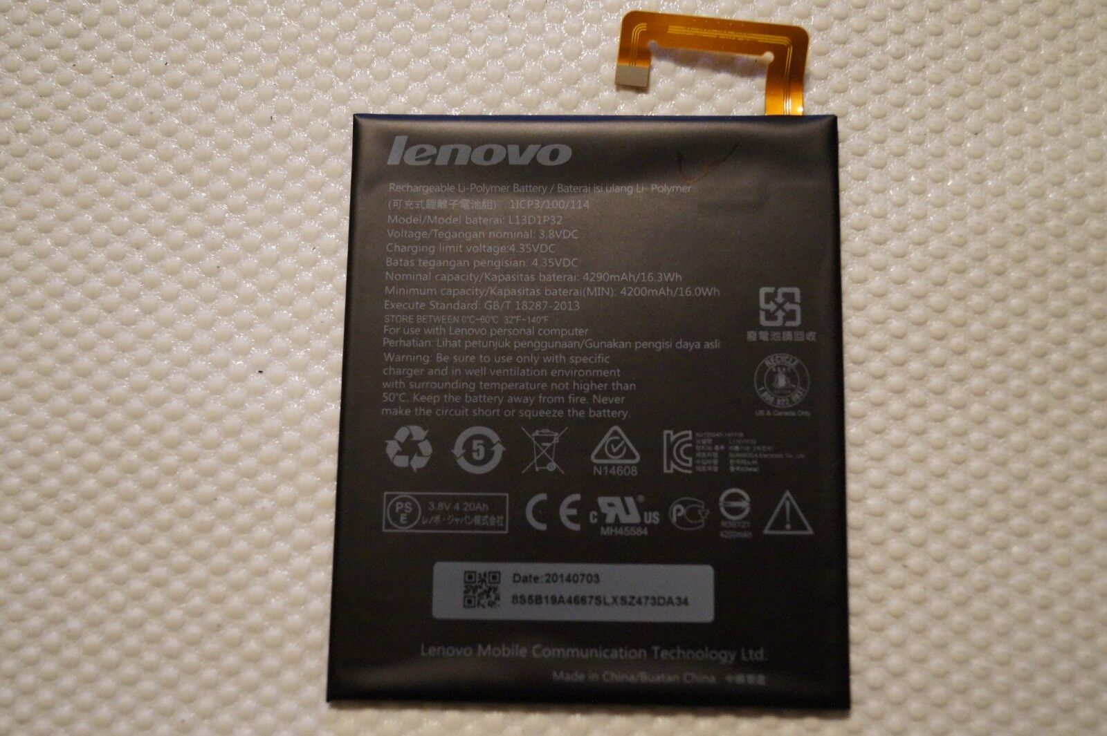 BATTERY OEM LENOVO A8-50F A5500-F 8″ TABLET GENUINE L13D1P32 4290mAh 16.3Wh 3.8V